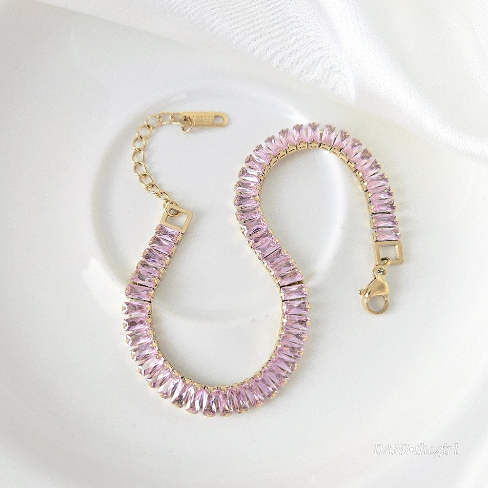 NEW Gold Tennis Bracelet With Pink Emerald Cut Stones - Picture 2 of 7